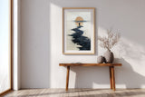 Path to the Setting Sun sumi-e print in an oak frame above a narrow wood console in a bright entryway