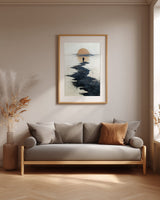Path to the Setting Sun sumi-e print framed above a gray linen sofa in a neutral living room