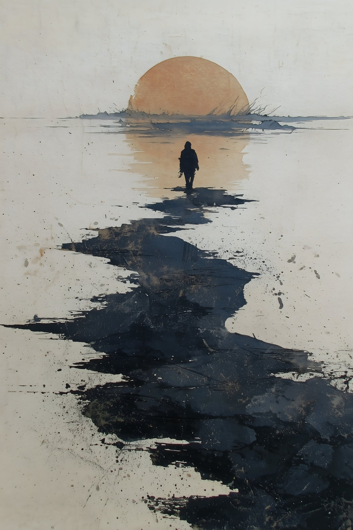 Path to the Setting Sun sumi-e ink print by Yugen Print: a lone figure walks a path of black ink stones across pale water toward a peach sun setting on the horizon