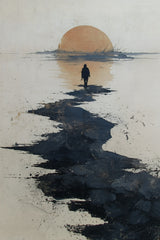 Path to the Setting Sun sumi-e ink print by Yugen Print: a lone figure walks a path of black ink stones across pale water toward a peach sun setting on the horizon