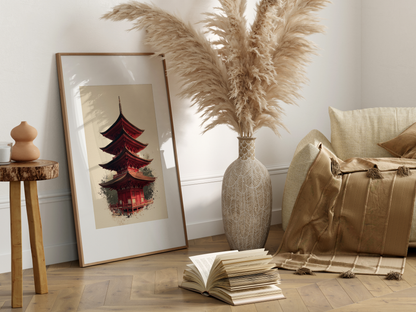 Crimson Pagoda Sumi-e Print | Sacred Series