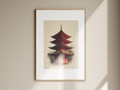 Crimson Pagoda Sumi-e Print | Sacred Series