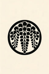 Sagari-fuji wisteria kamon wall art print in black on cream paper, hanging wisteria clusters inside a ring in a classic Japanese family crest