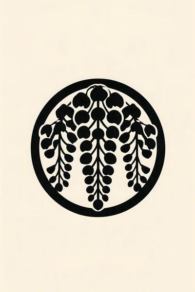 Sagari-fuji wisteria kamon wall art print in black on cream paper, hanging wisteria clusters inside a ring in a classic Japanese family crest