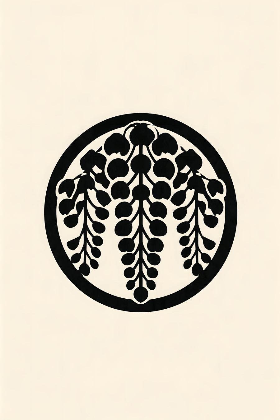 Sagari-fuji wisteria kamon wall art print in black on cream paper, hanging wisteria clusters inside a ring in a classic Japanese family crest