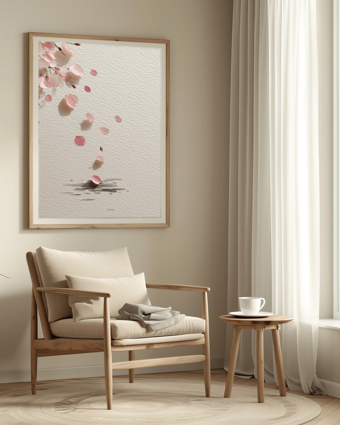 Falling Sakura cherry blossom print in a soft reading nook with light oak armchair, sheer curtain, and morning tea, Yugen Print