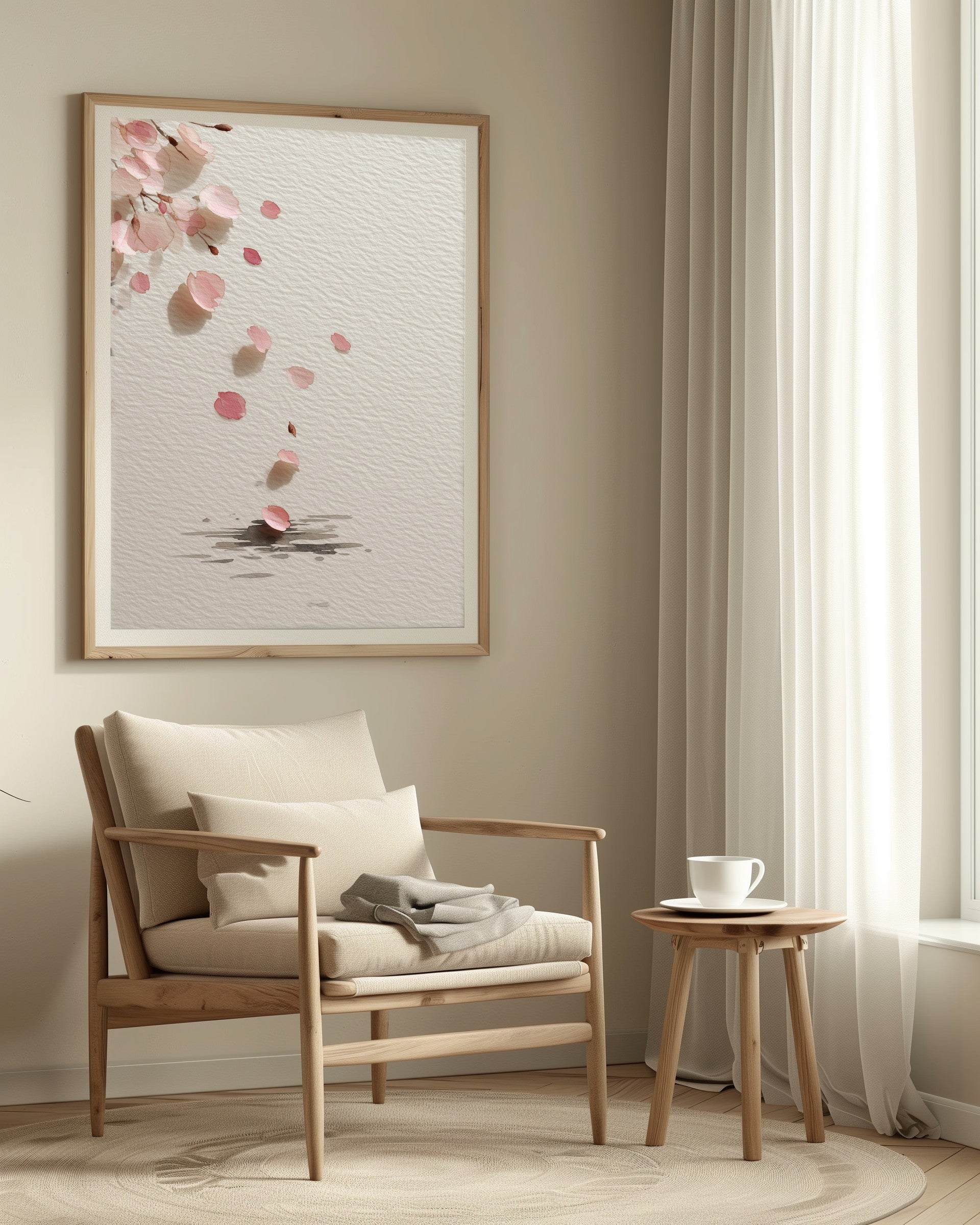 Falling Sakura cherry blossom print in a soft reading nook with light oak armchair, sheer curtain, and morning tea, Yugen Print