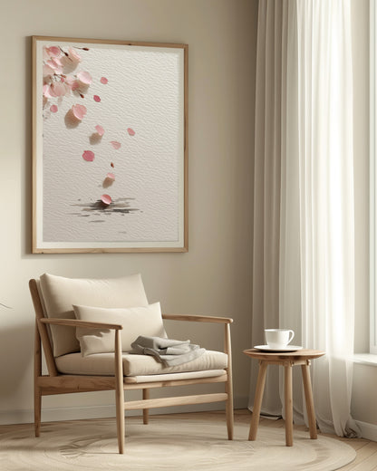 Falling Sakura cherry blossom print in a soft reading nook with light oak armchair, sheer curtain, and morning tea, Yugen Print