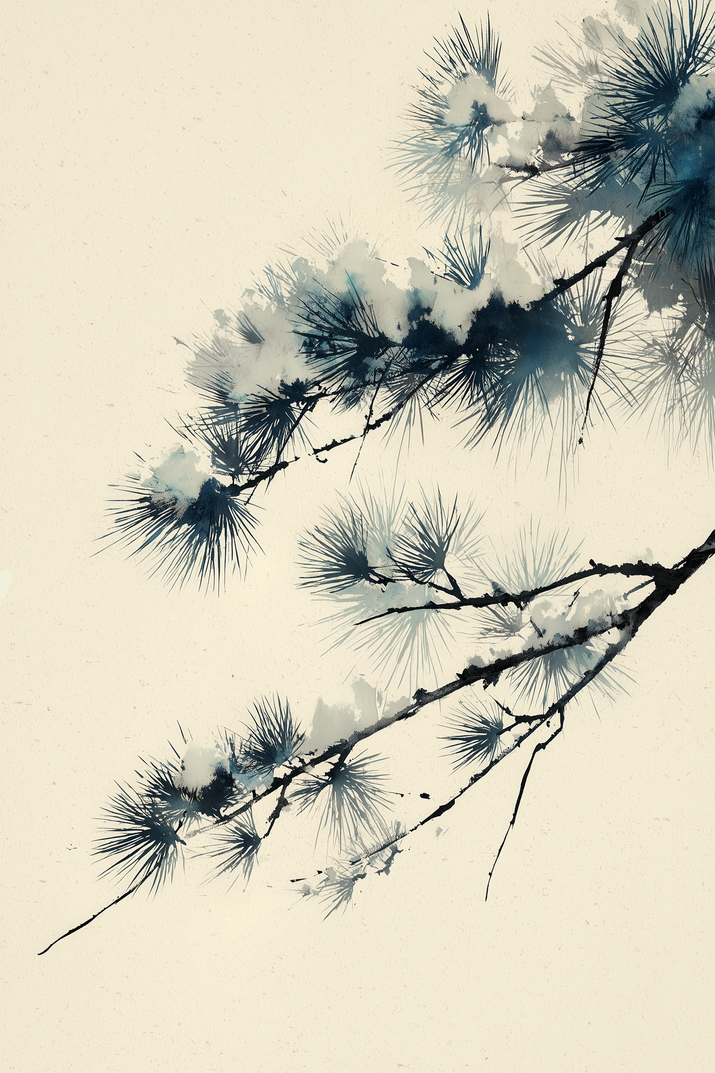 Snow pine branch sumi-e wall art print in dark blue-grey ink on cream paper, Yugen Print