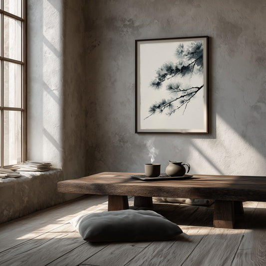 Snow Pine Branch | Japanese Sumi-e Winter Wall Art Print