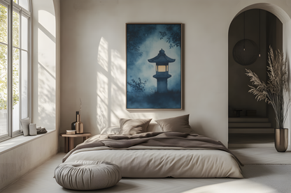 Sumi-e style indigo ink print of a glowing stone lantern in a misty night garden, oak frame above a linen bed in a bright airy Japandi bedroom, Yugen Print