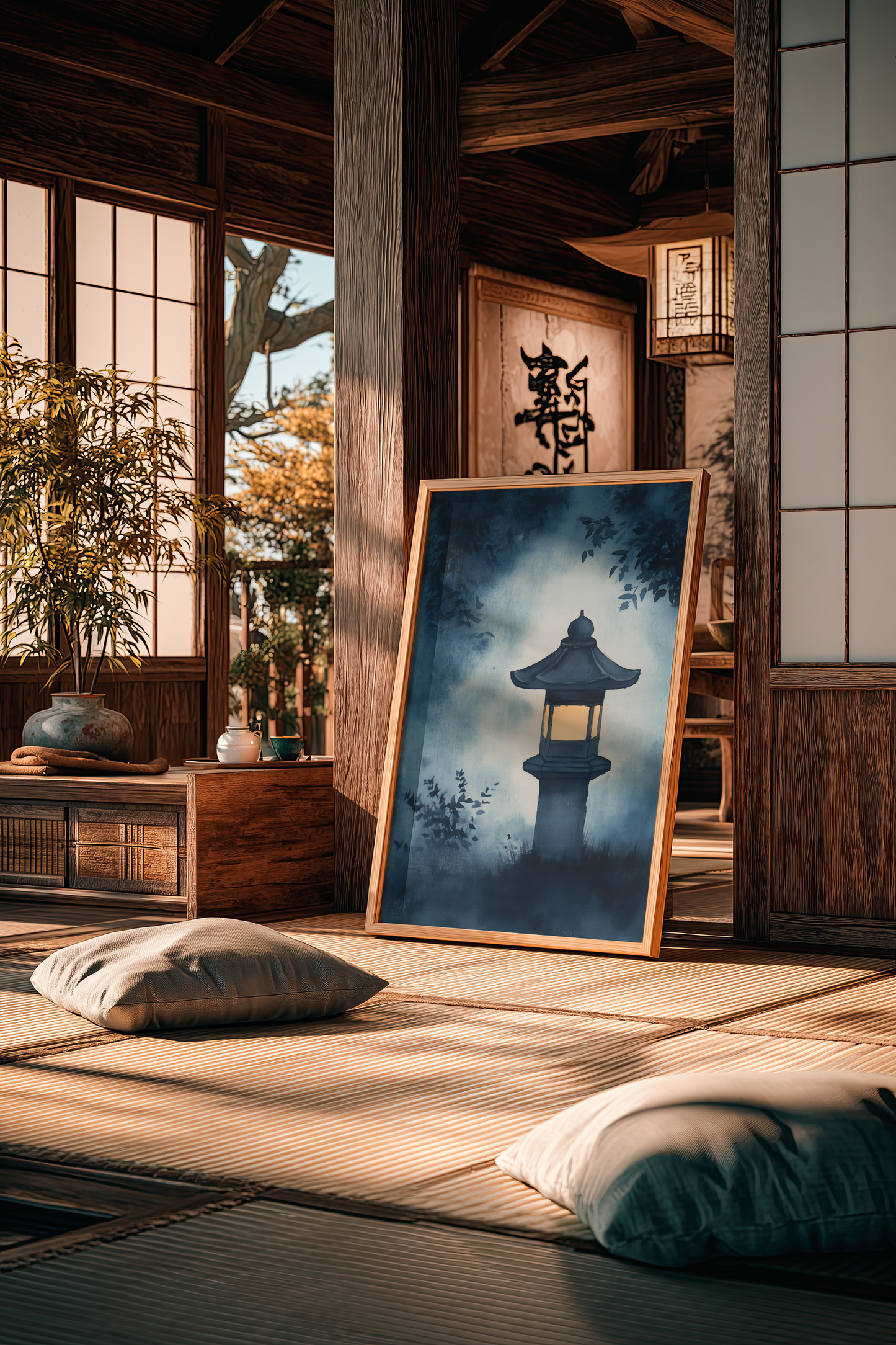 Sumi-e style indigo ink print of a glowing Japanese stone lantern at night, oak frame on tatami flooring in a traditional Japanese room with shoji screens, Yugen Print