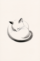 Maru, The Sleeping Cat wall art print in soft cream and charcoal ink tones, Yugen Print.