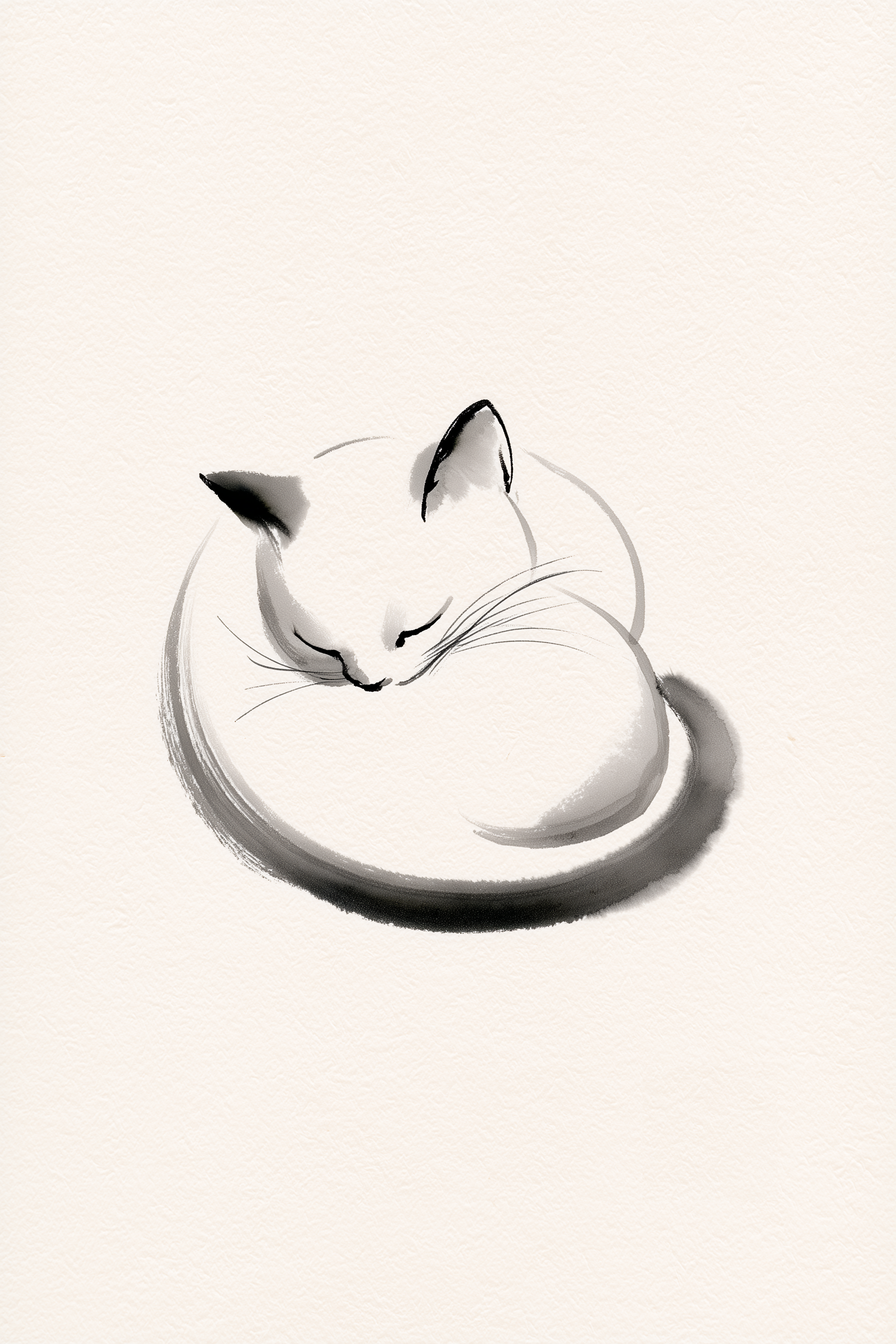 Maru, The Sleeping Cat wall art print in soft cream and charcoal ink tones, Yugen Print.