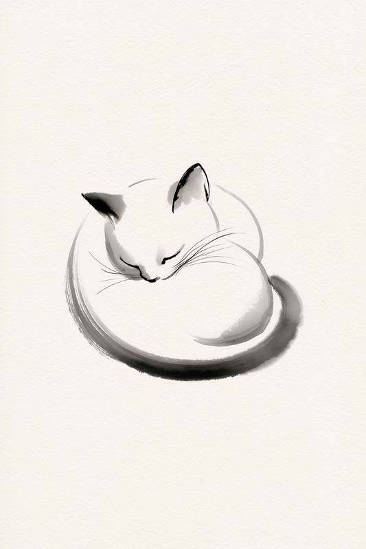 Maru, The Sleeping Cat wall art print in soft cream and charcoal ink tones, Yugen Print.