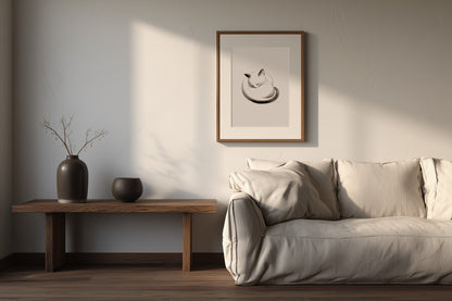 Maru, The Sleeping Cat print in a living room with a neutral sofa and ceramic vase, Yugen Print