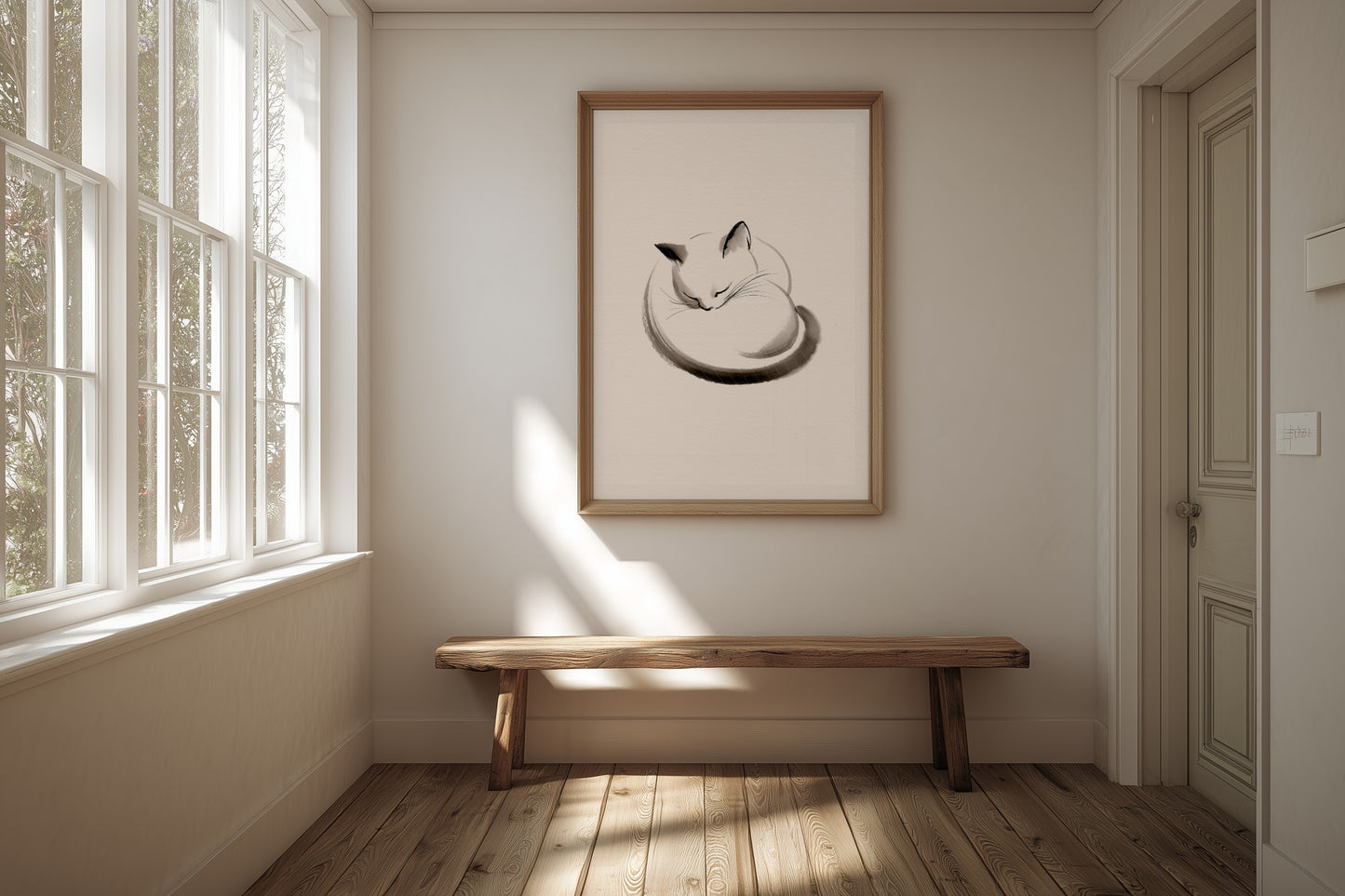 Maru, The Sleeping Cat print in a hallway with pale walls and soft natural light, Yugen Print