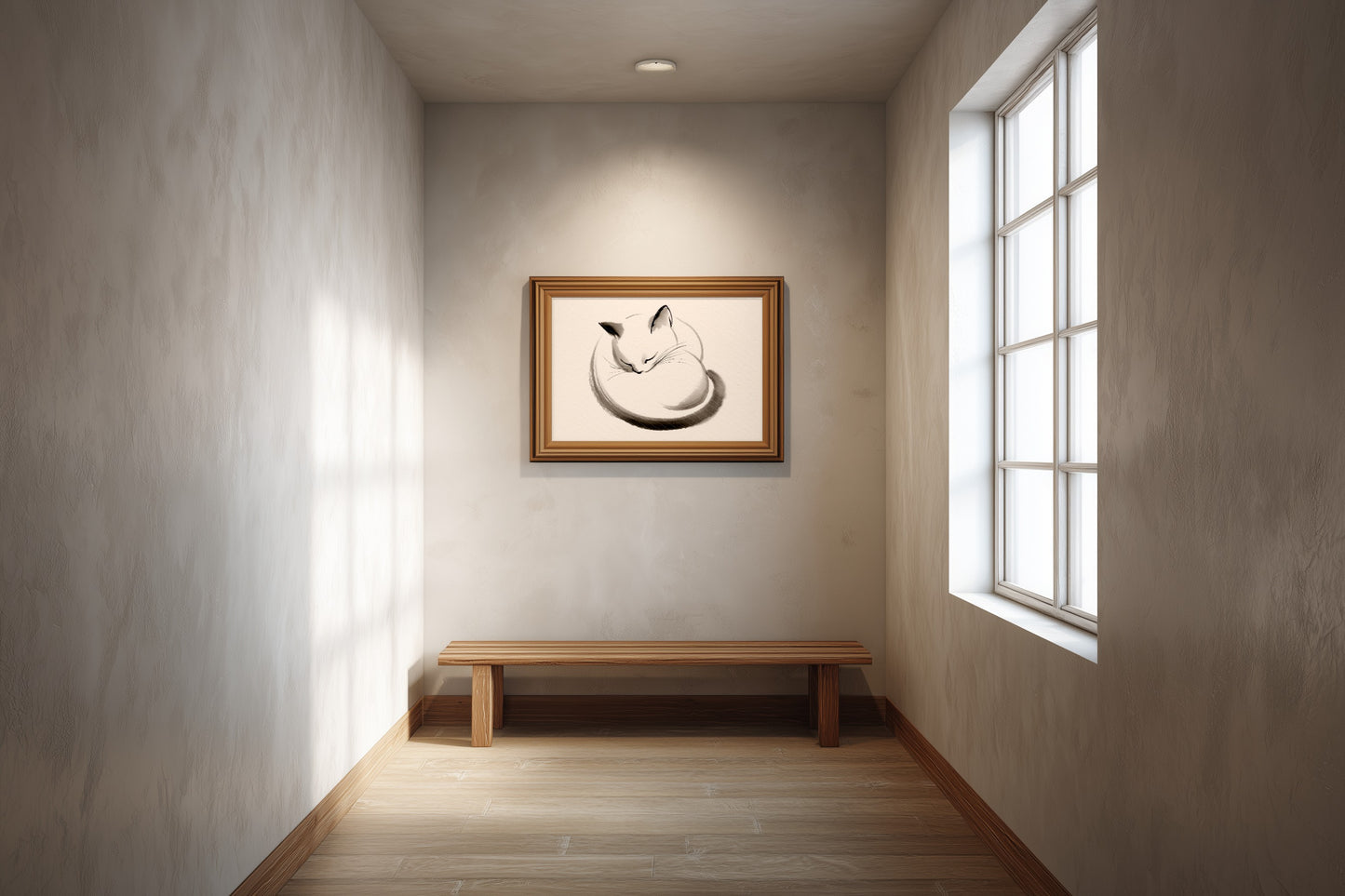 Maru, The Sleeping Cat print in a hallway with pale walls and soft natural light, Yugen Print