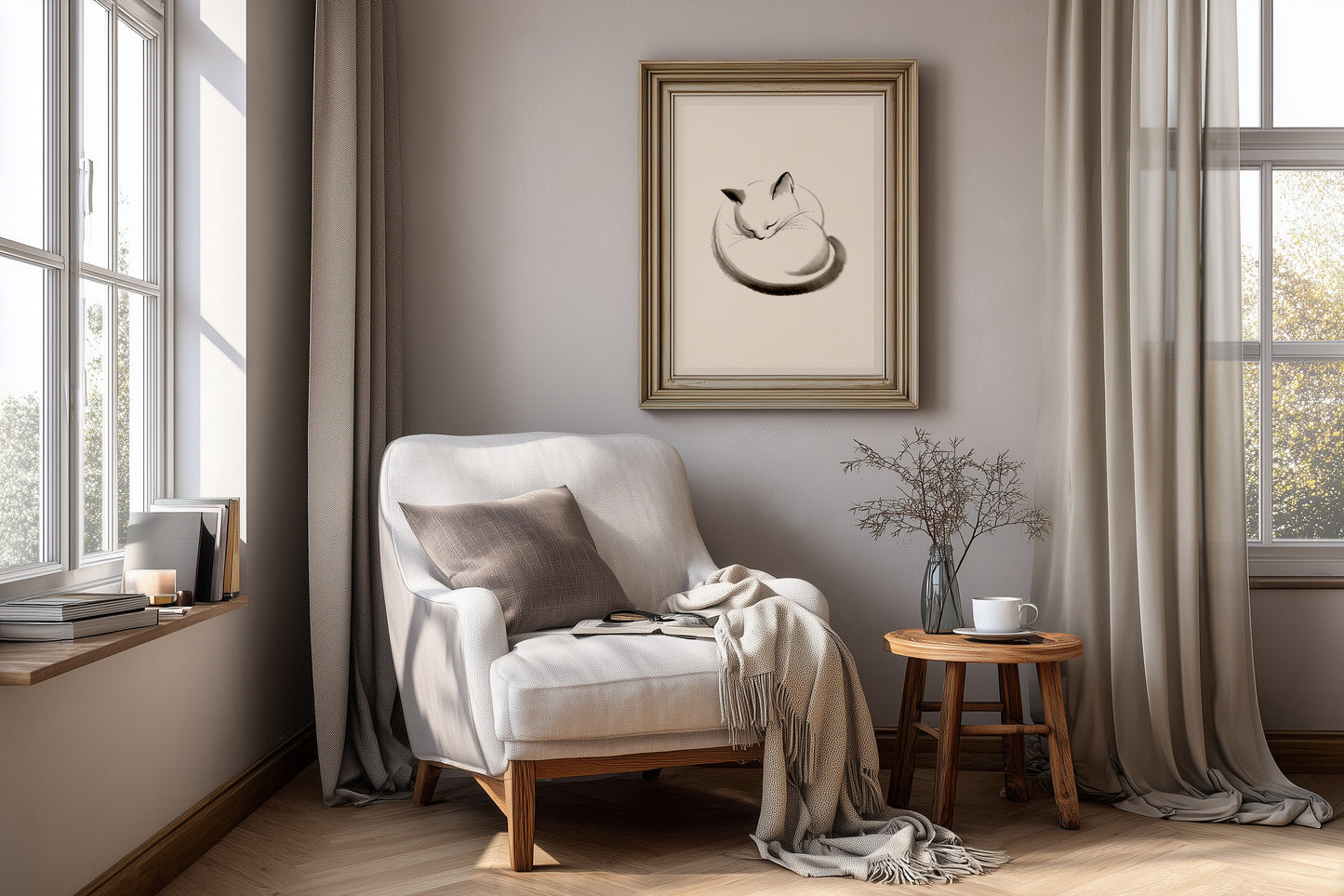 Maru, The Sleeping Cat print in a reading nook with a linen armchair and small side table, Yugen Print