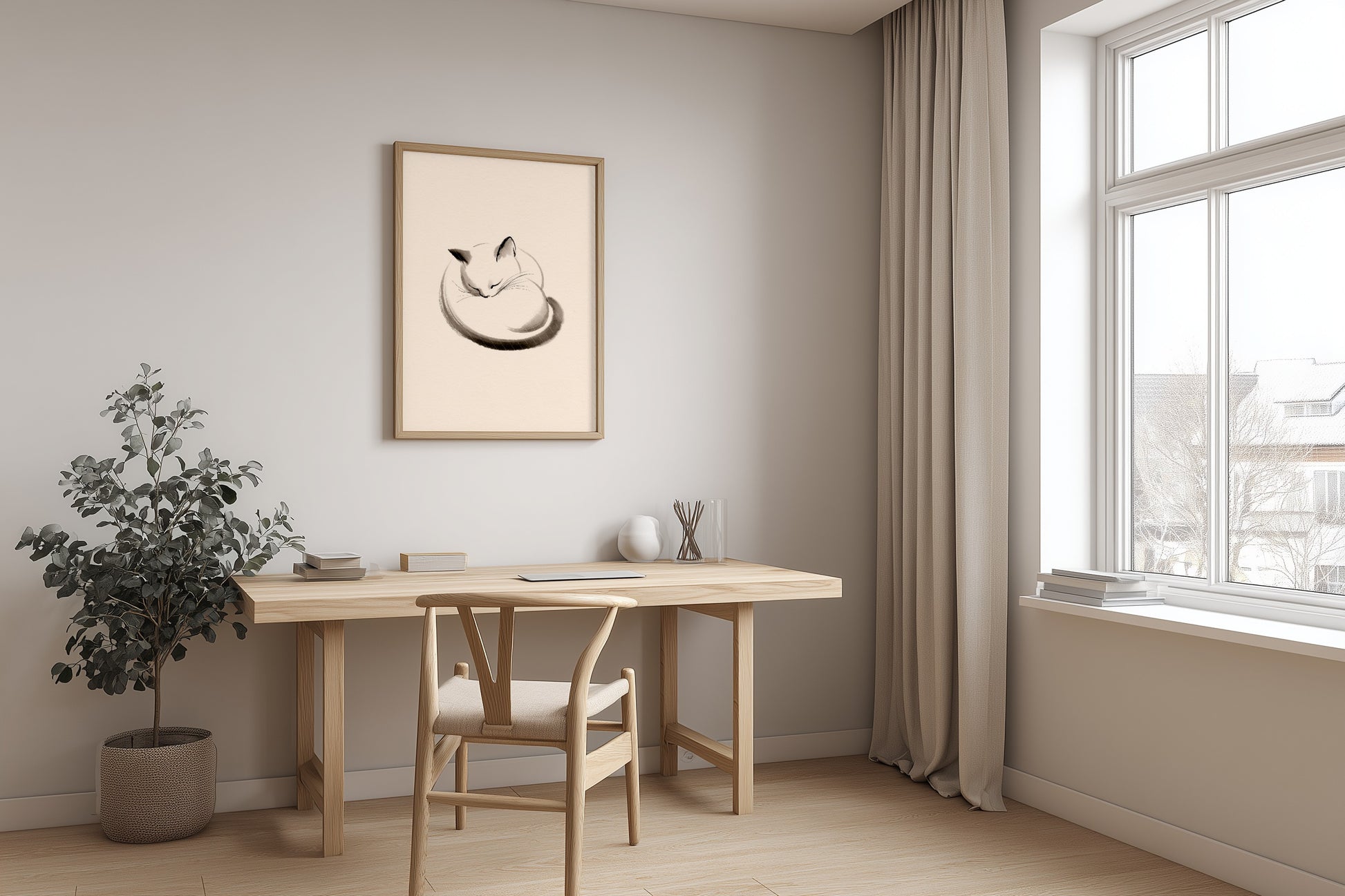 Maru, The Sleeping Cat print in a home office with a simple desk and warm lighting, Yugen Print