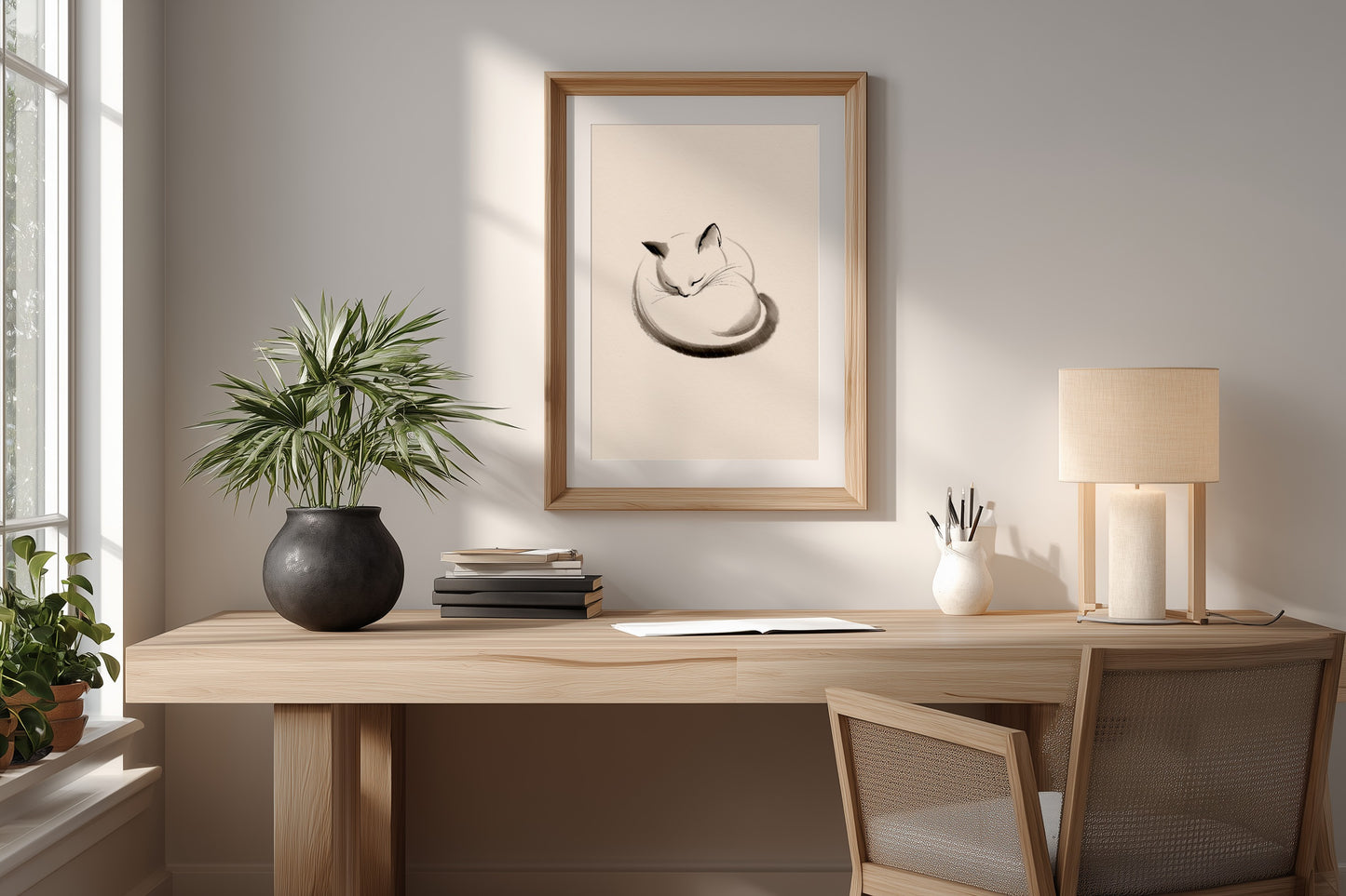 Maru, The Sleeping Cat print in a home office with a simple desk and warm lighting, Yugen Print