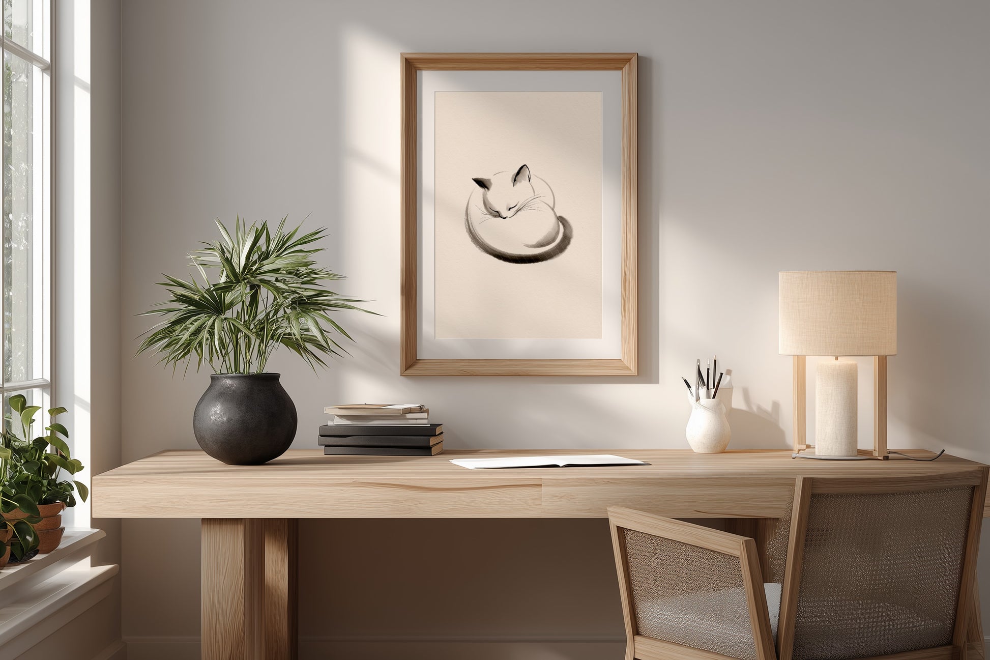 Maru, The Sleeping Cat print in a home office with a simple desk and warm lighting, Yugen Print
