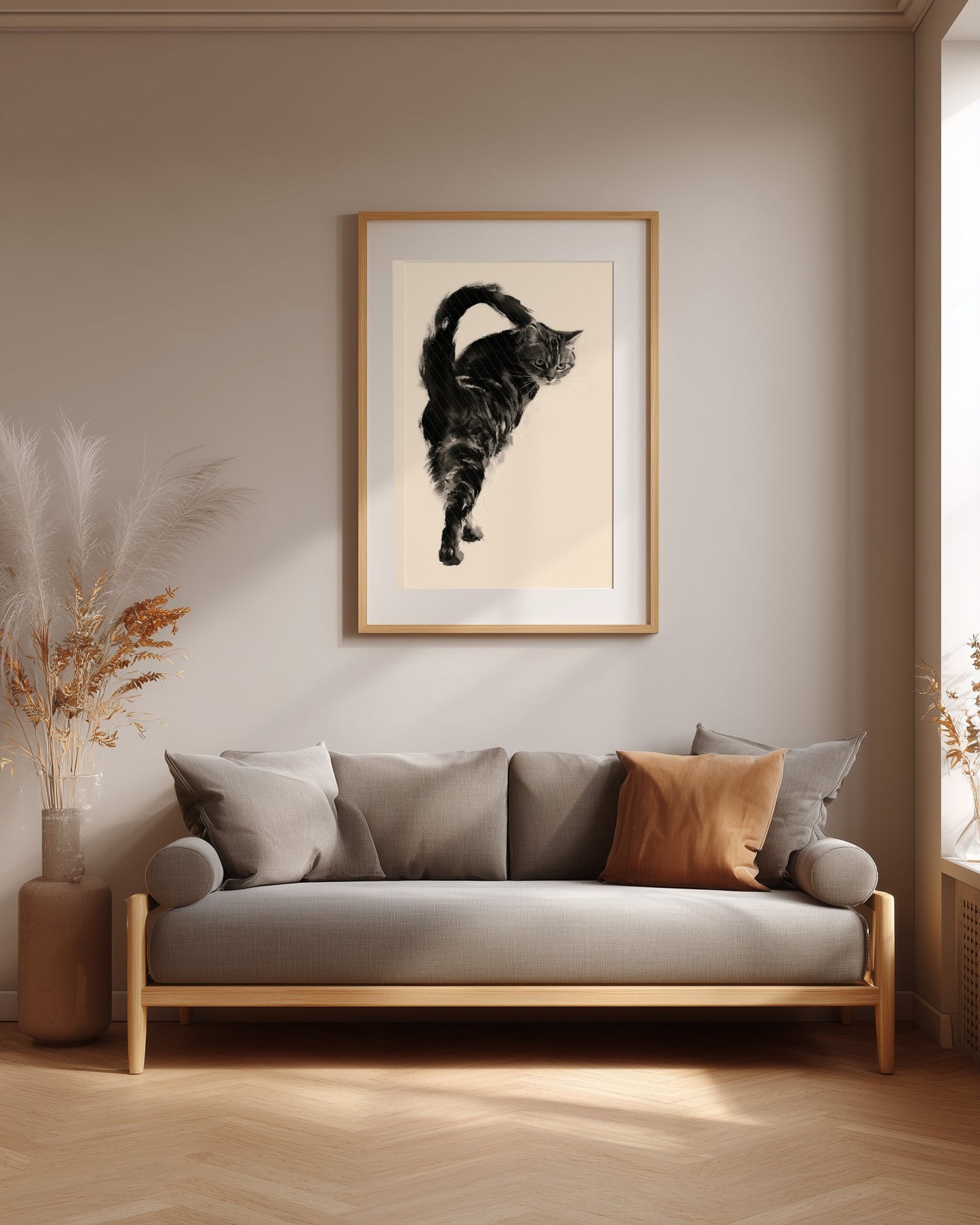 Backward Glance print in a living room with a linen sofa, low wood coffee table, and neutral textiles, Yugen Print