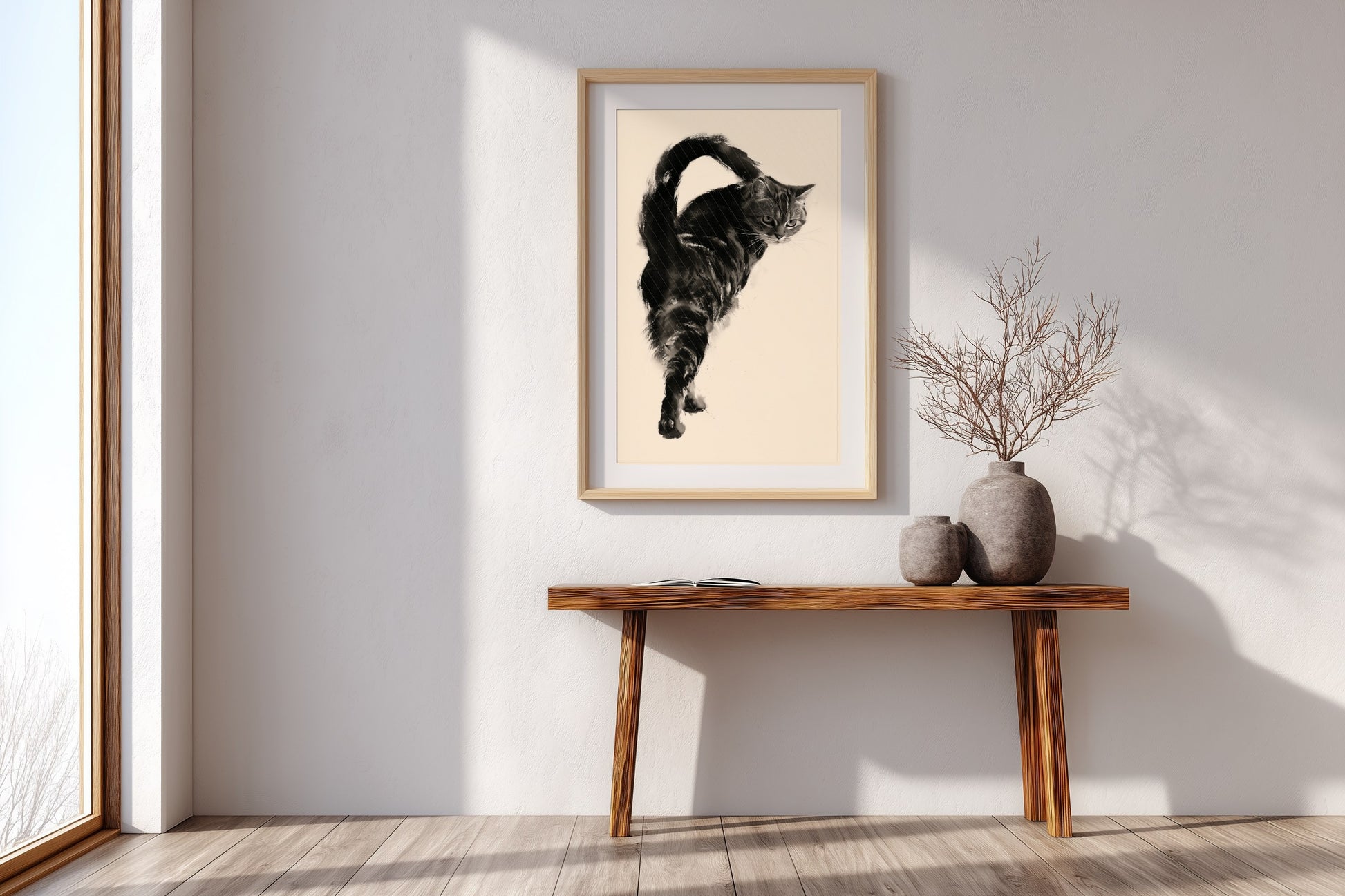 Backward Glance print in an entryway with a narrow console table and woven basket, Yugen Print