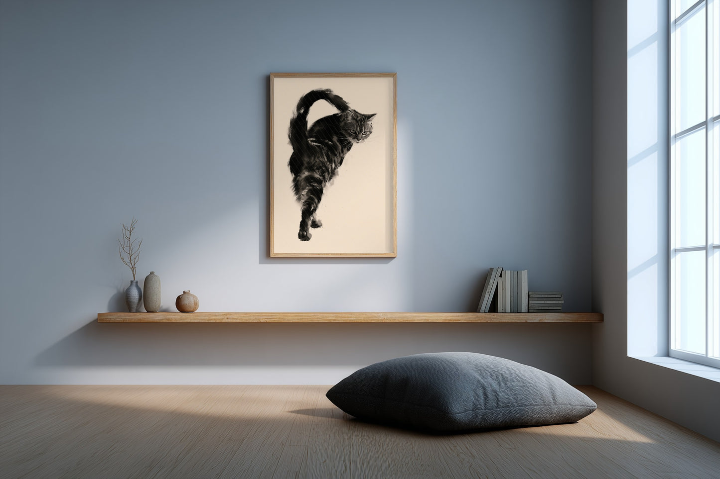 Backward Glance print in a meditation room with a floor cushion and low wood shelf, Yugen Print