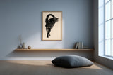 Backward Glance print in a meditation room with a floor cushion and low wood shelf, Yugen Print