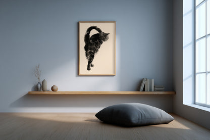 Backward Glance print in a meditation room with a floor cushion and low wood shelf, Yugen Print