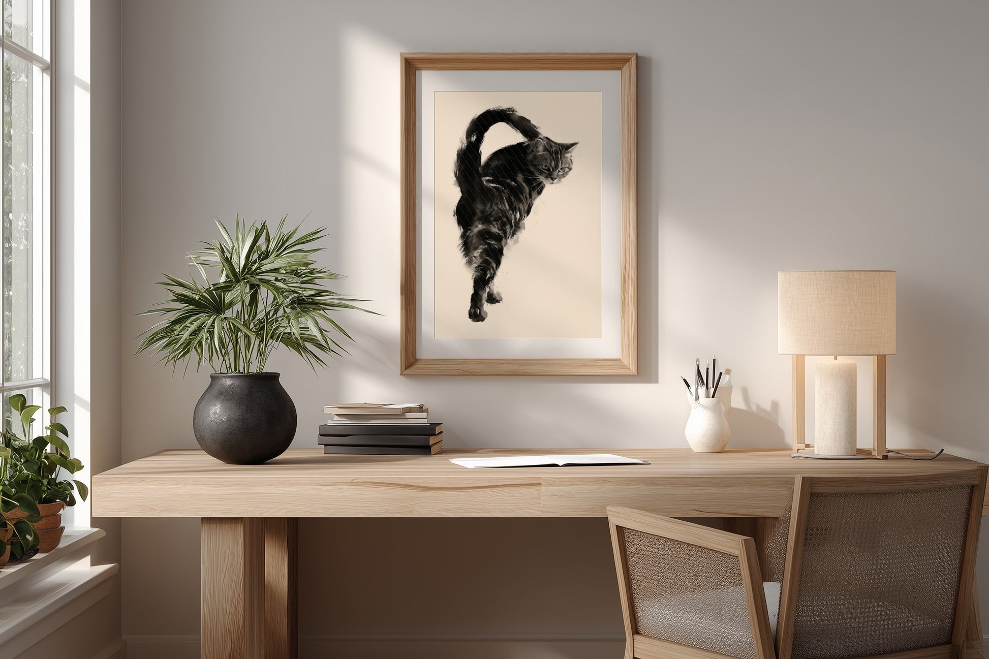 Backward Glance print in a simple home office with a light wood desk, Yugen Print