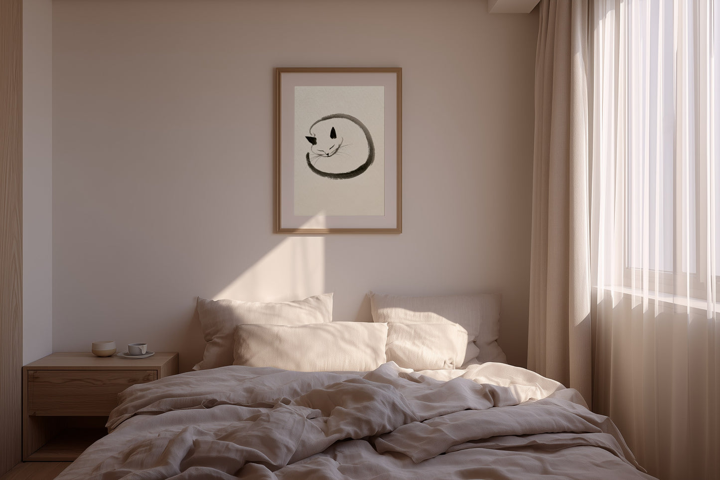 Enso Neko print in a calm bedroom with linen bedding in warm neutral, Yugen Print