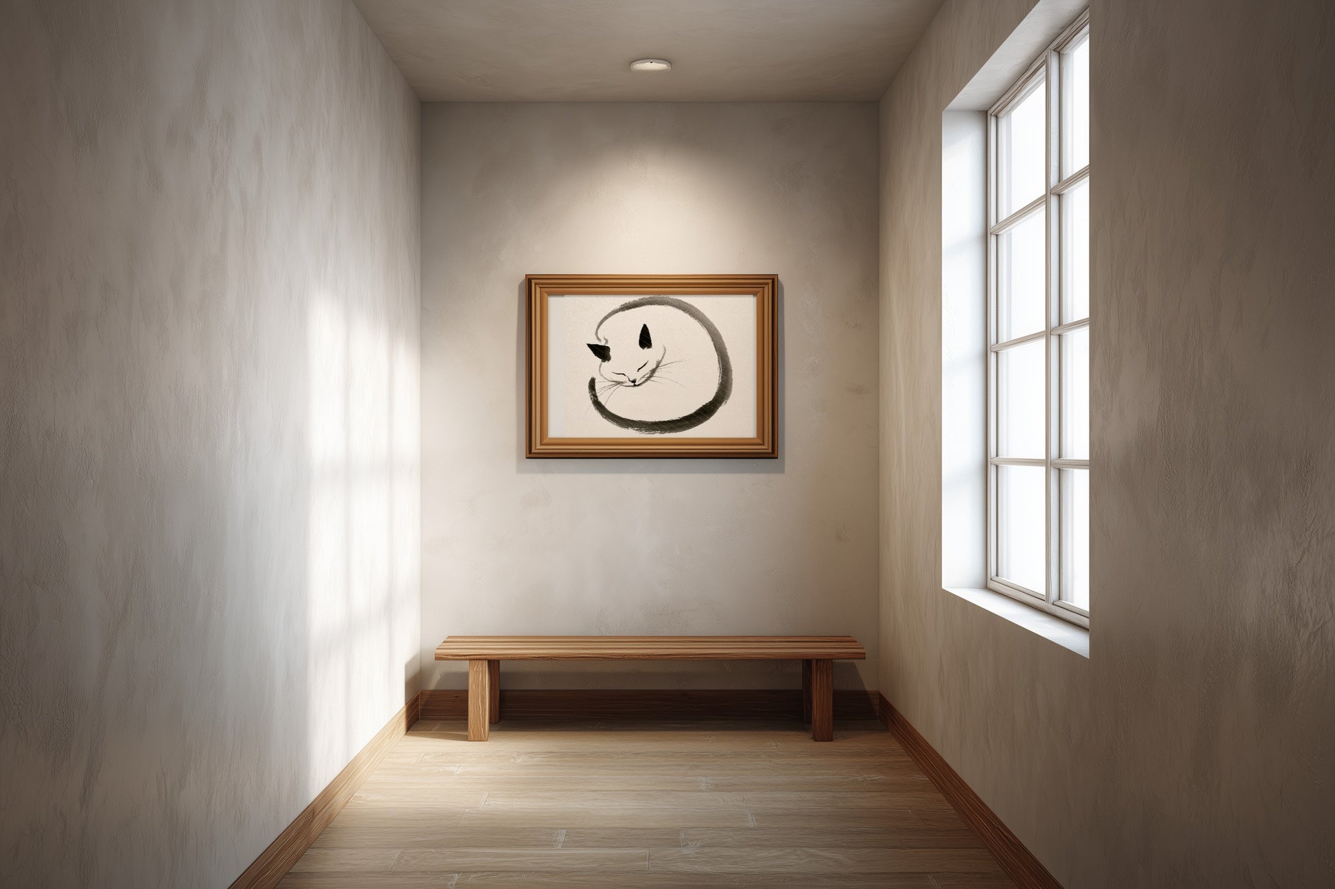 Enso Neko print in a narrow hallway with pale plaster walls a slim woo, Yugen Print