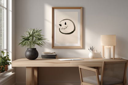 Enso Neko print in a simple home office with a light wood desk. Yugen Print