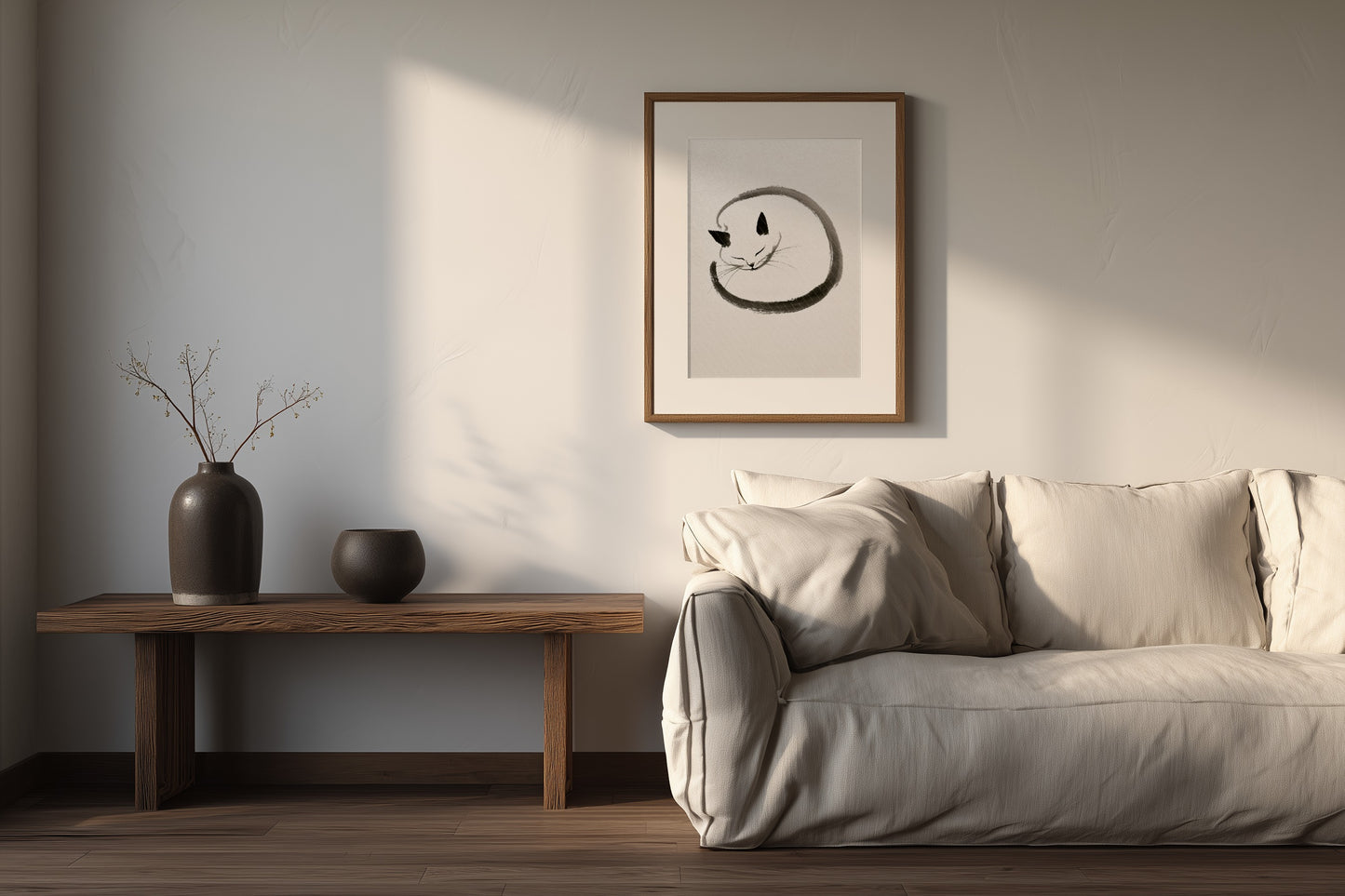 Enso Neko print in a minimal living room with a neutral linen sofa, Yugen Print