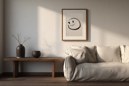 Enso Neko print in a minimal living room with a neutral linen sofa, Yugen Print