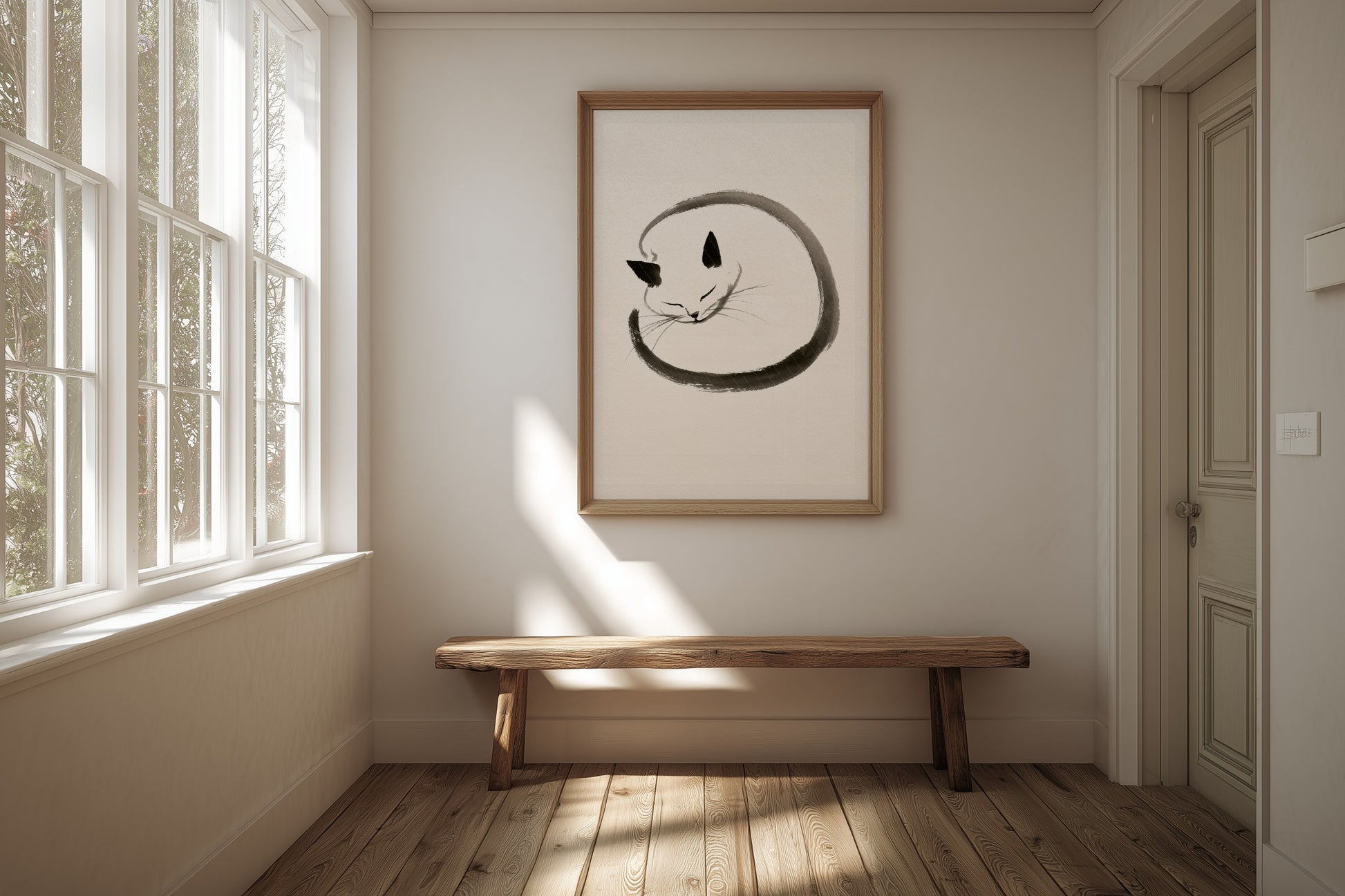 Enso Neko print in a narrow hallway with pale plaster walls a slim woo, Yugen Print