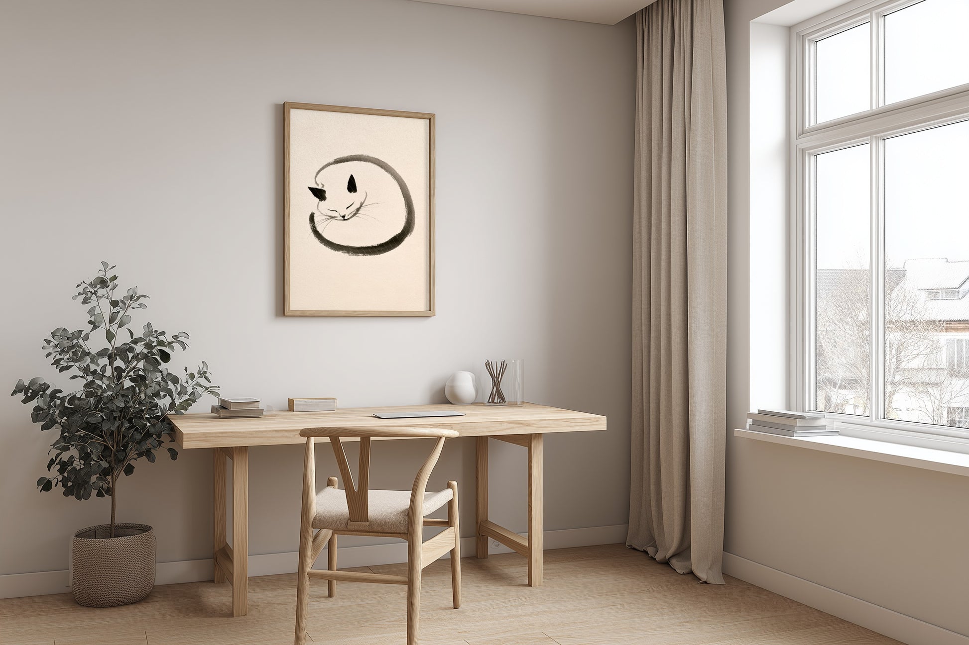 Enso Neko print in a simple home office with a light wood desk. Yugen Print