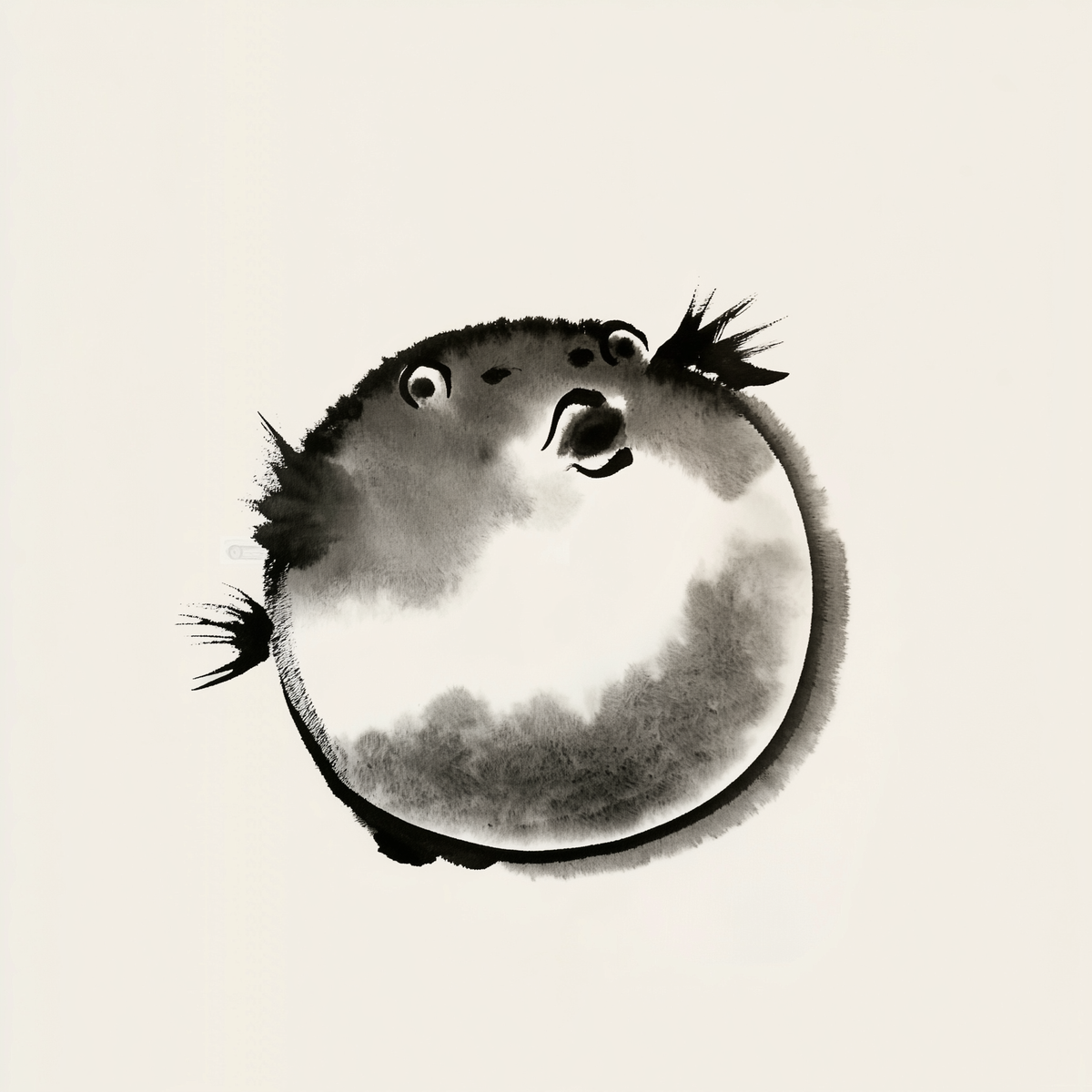 Fugu Ensō wall art print in muted black and grey ink tones on cream paper, Yugen Print.