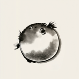 Fugu Ensō wall art print in muted black and grey ink tones on cream paper, Yugen Print.