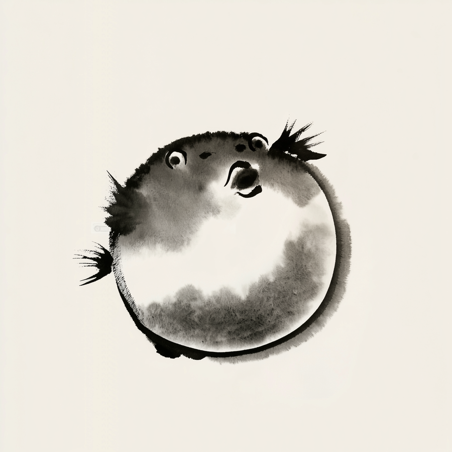 Fugu Ensō wall art print in muted black and grey ink tones on cream paper, Yugen Print.