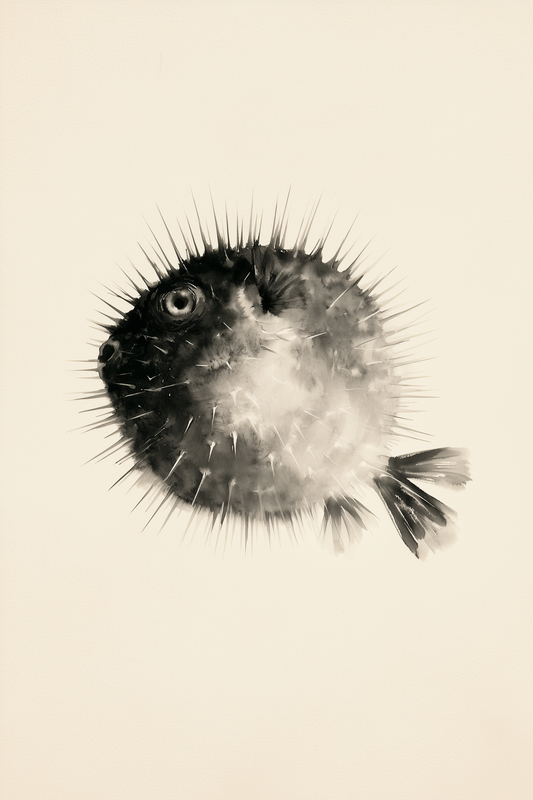 Fugu Study wall art print in muted black and grey ink tones on cream paper, Yugen Print.