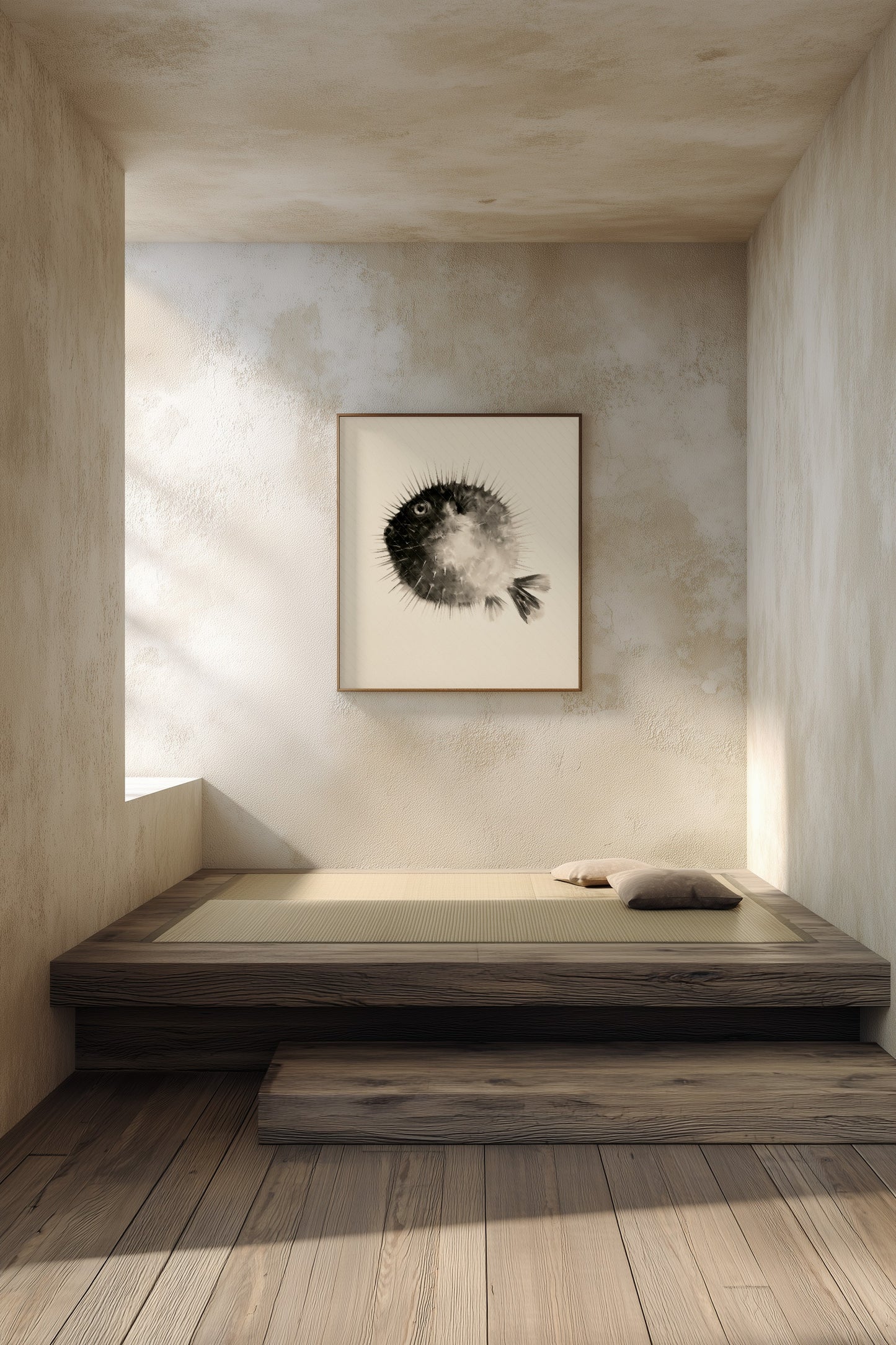 A minimalist interior scene with a low wooden platform bed or bench against a textured beige wall, beneath a framed black-and-white fish artwork. The room has wood flooring, soft natural light, and a calm, serene atmosphere.