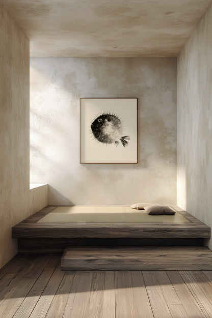 A minimalist interior scene with a low wooden platform bed or bench against a textured beige wall, beneath a framed black-and-white fish artwork. The room has wood flooring, soft natural light, and a calm, serene atmosphere.