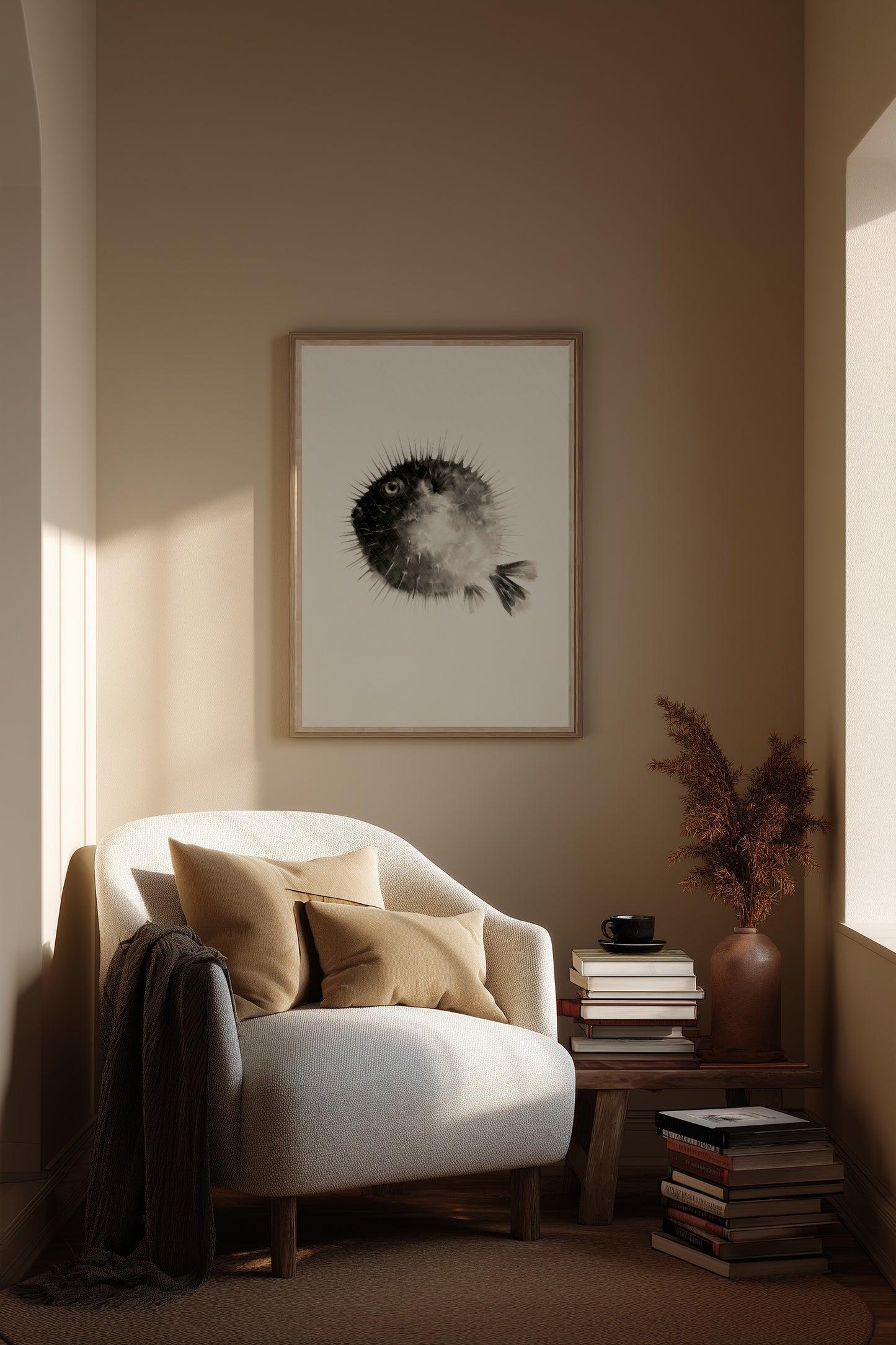 A framed black and white pufferfish art print hangs on a warm beige wall above a white armchair with tan pillows and a dark throw blanket in a sunlit room.