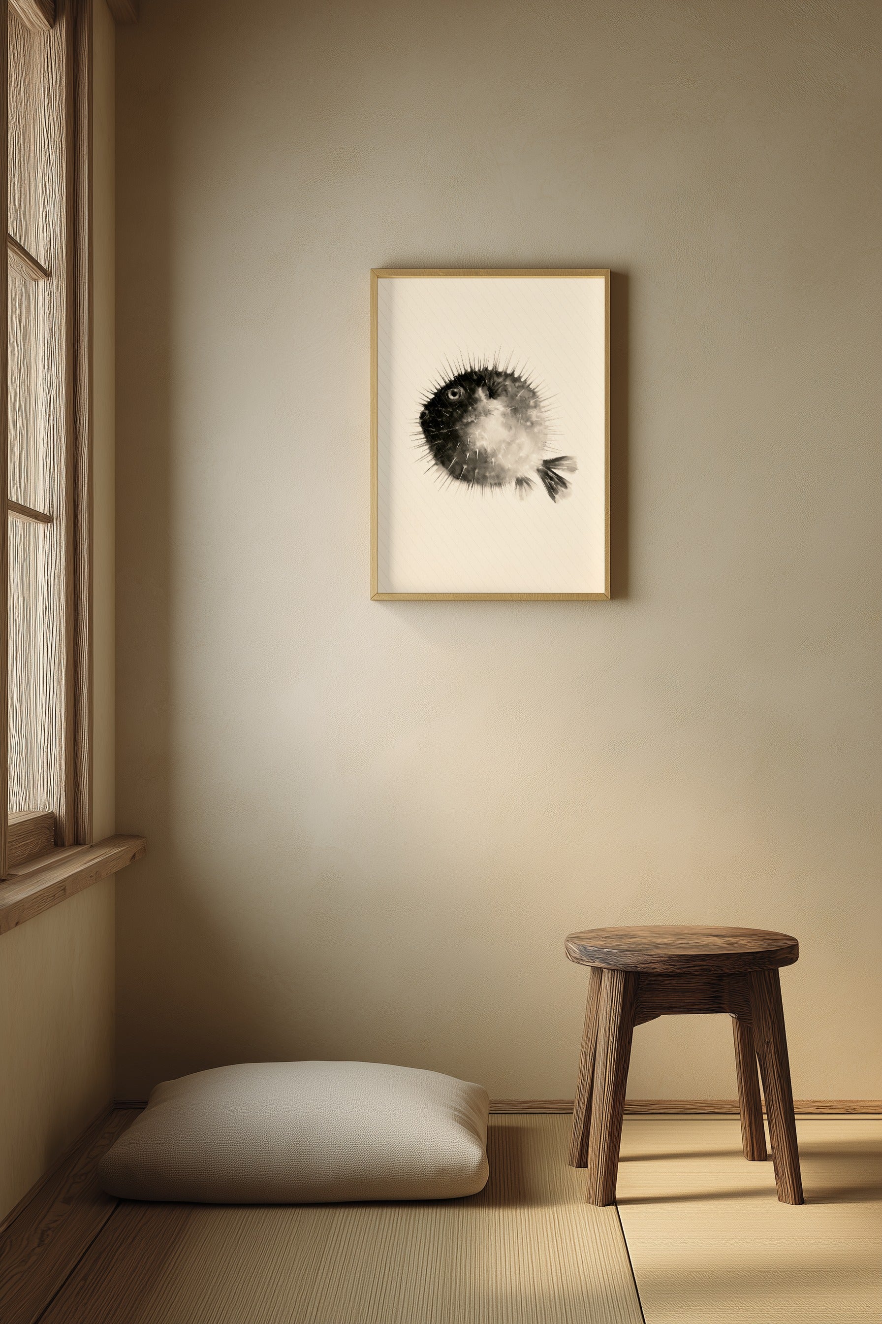 A framed black and white pufferfish art print hangs on a beige wall in a minimalist Japanese-style room with a wooden stool and a floor cushion.