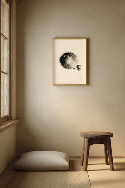 A framed black and white pufferfish art print hangs on a beige wall in a minimalist Japanese-style room with a wooden stool and a floor cushion.