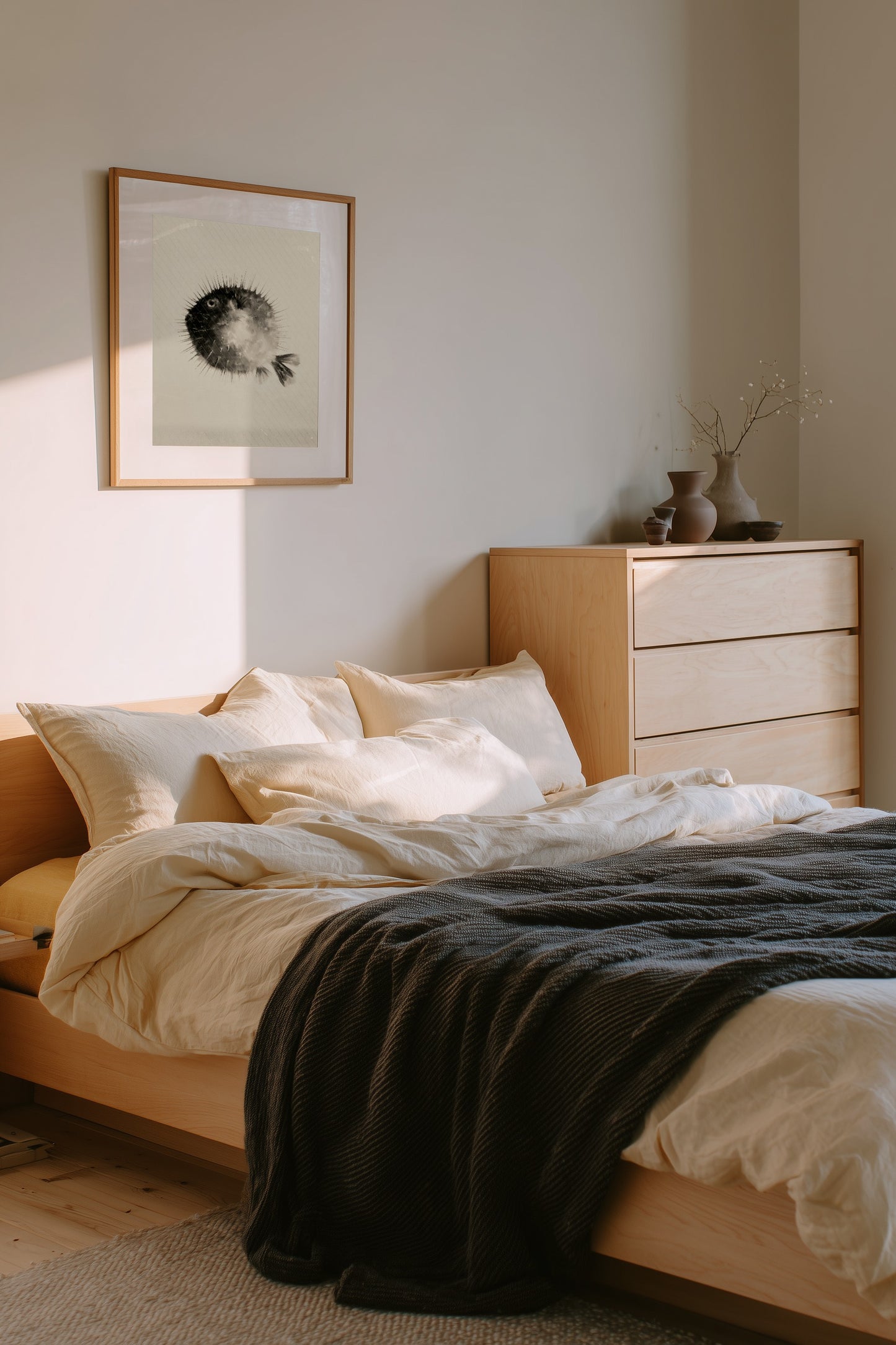 A minimalist bedroom scene featuring a light wood bed frame with cream bedding and a dark charcoal knit throw blanket, next to a matching light wood three-drawer dresser. A framed abstract black-and-white fugu print hangs on the wall.
