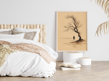 Sumi-e style ink print of a solitary figure under a windswept bare tree in mist, framed in light wood in a neutral bedroom above stacked books, Yugen Print